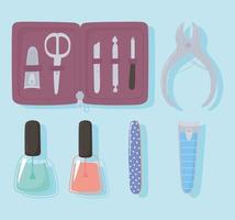 manicure and pedicure case with tools file and nail clippers scissors nail polish set icons vector