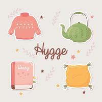 sweater teapot book and cushion, cartoon hygge style vector