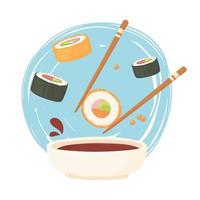 sushi chopstick with roll in soy sauce and nigiri, sashimi food vector