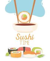 sushi time, chopstick with roll in soy sauce and dishes nigiri, temaki, tamago, sashimi vector
