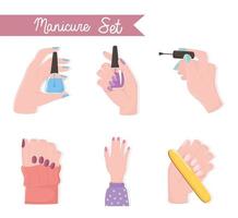 manicure set female hands with nail polish file and brush color vector