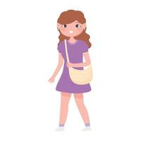 mujer joven, con, bolso, caricatura, diseño, fondo blanco vector
