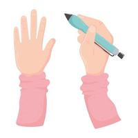 hands with pen written for work office top view design vector
