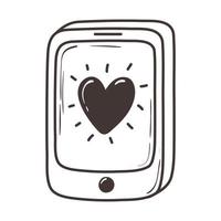 Amor corazón de teléfono inteligente en pantalla diseño de icono de doodle romántico vector