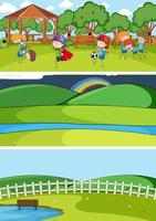 Conjunto de fondo de diferentes escenas horizontales con personaje de dibujos animados de niños doodle vector