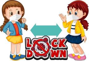 Lockdown font in cartoon style with two kids keeping social distance isolated on white background vector