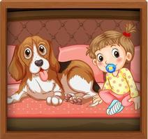 Baby with dog photo on wooden frame vector