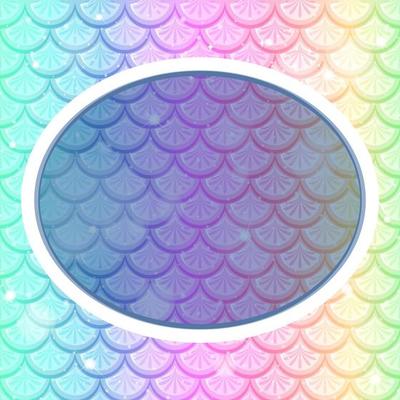 Oval frame template on pastel rainbow fish scales background