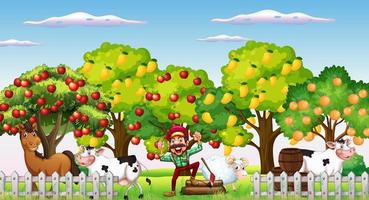 Farm scene with many different fruits trees and farmer vector