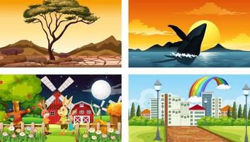 Four different scenes with various animals cartoon character vector