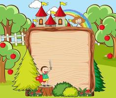 Empty wooden banner in the forest scene with fairy tale cartoon character and elements vector