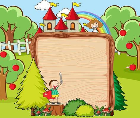 Empty wooden banner in the forest scene with fairy tale cartoon character and elements