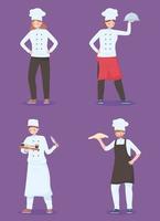 set of chefs with food and platter kitchen workers characters vector