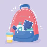 new normal, backpack with alcohol medicine and glasses after covid 19 vector