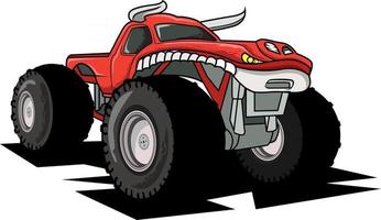 Vehículo o coche de dibujos animados de vector de camión monstruo e ilustración de transporte de espectáculo extremo