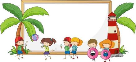 Empty banner with many kids in beach theme isolated vector