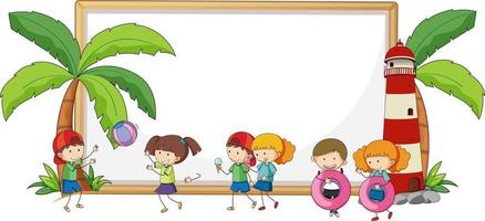 Empty banner with many kids in beach theme isolated vector