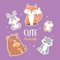 cute rabbit fox bear hamster and raccoon cartoon animals stickers vector