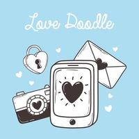 amor, doodle, icono, conjunto, teléfono inteligente, correo, cámara, y, fondo azul vector