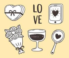 love doodle icon set gift flower mobile mirror decoration vector