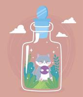 jar terrarium cat playing with ball plants decoration cartoon vector