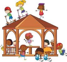 Many kids doing different activities in gazebo vector