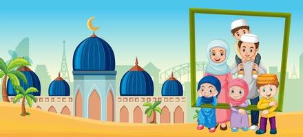 Happy family holding photo frame with mosque on the background vector