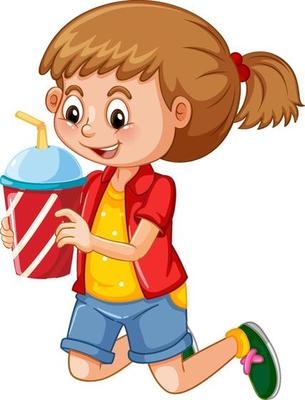 Happy girl cartoon character holding a drink plastic cup