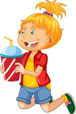 Happy girl cartoon character holding a drink plastic cup