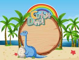 Beach scene with empty board template and cute dinosaur cartoon character vector