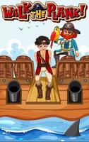 Walk The Plank font banner with a pirate man walking on the plank vector