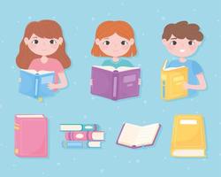 lindas niñas y niños leen libros aprenden conocimiento diseño académico vector