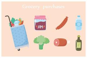 El carrito de compras con comida incluye mermelada, brócoli, agua y más. vector