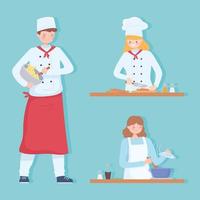people cooking at home, restaurant kitchen chefs cartoon character vector