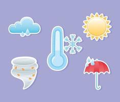 colección de iconos del tiempo huracán lluvioso invierno frío sol verano pegatinas vector
