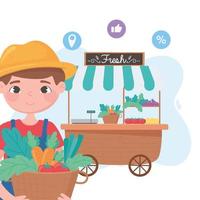 support local business, farmer with baskets and vegetable stall on the street vector