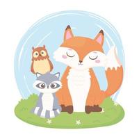 cute fox raccoon and owl cartoon animals in the grass vector