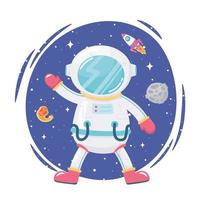 space adventure cartoon astronaut moon rocket and comet vector