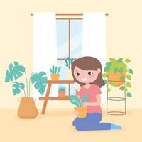 jardinería casera, niña sosteniendo flores en macetas y plantas en la habitación vector