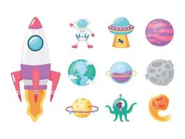 space galaxy astronomy cartoon icons set spaceship astronaut comet ufo planet and alien vector