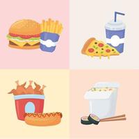 fast food, set with burger french fries pizza soda sushi and chicken vector