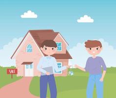 character agent holding key with happy young man owner new home vector