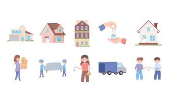 people moving into a new house with things, houses, building and truck icons vector