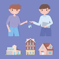 new home, agent with keys owner man building and houses icons vector