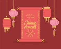 scroll and hanging lanterns oriental element decoration color design vector