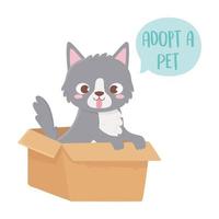 Adopta una mascota, un lindo perrito con la lengua fuera en la caja. vector