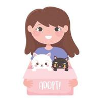 girl with cat in the cardboard box, adopt a pet vector