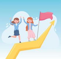 women leadership together successful business climbed arrow up with flag vector
