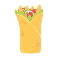 Comida rápida, burrito mexicano con vegetales y nachos diseño aislado de icono vector