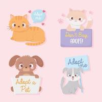 Adoptar una mascota, lindos perros y gatos animales con letras. vector